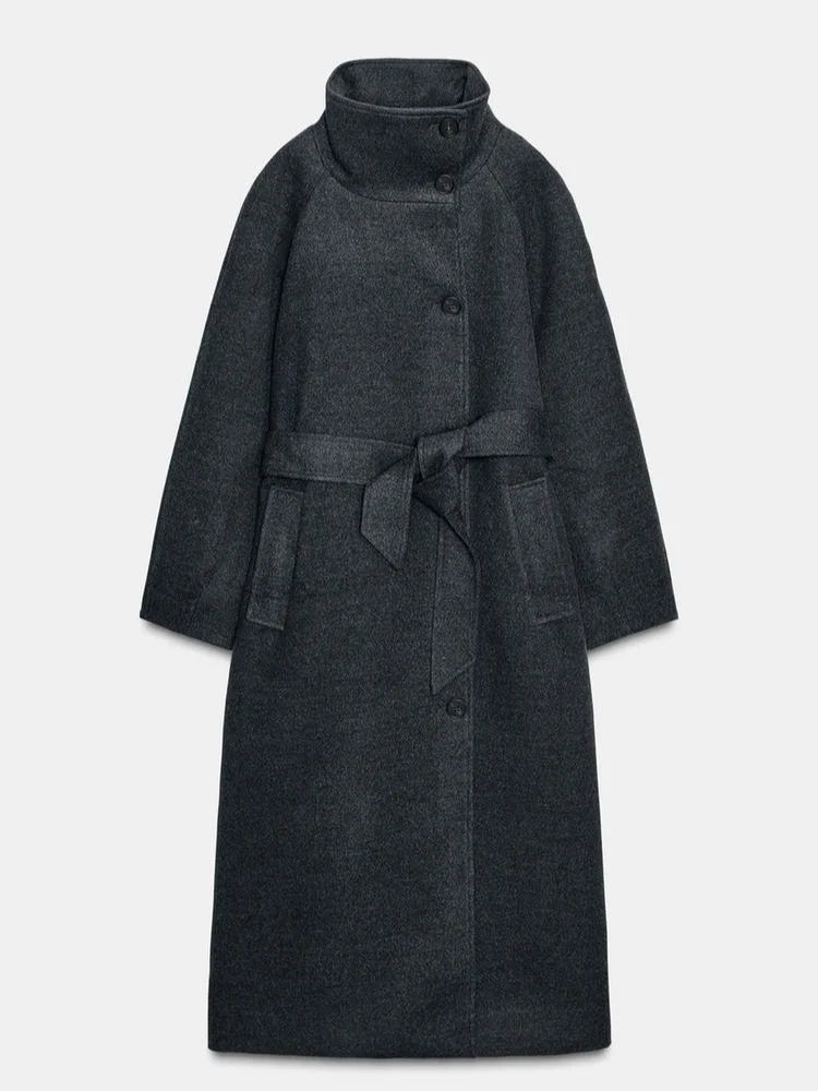 Manteau Long Laine Col Haut Ceinture