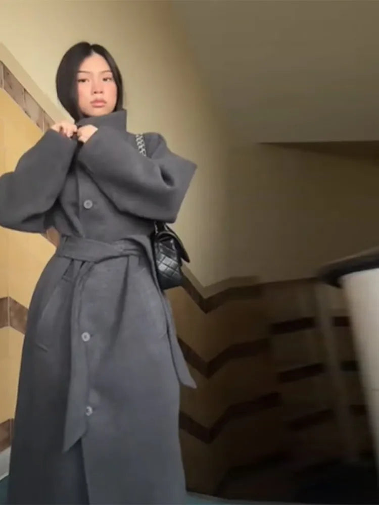 Manteau Long en Laine Mélangée Col Montant avec Laçage - Raffinement Quotidien