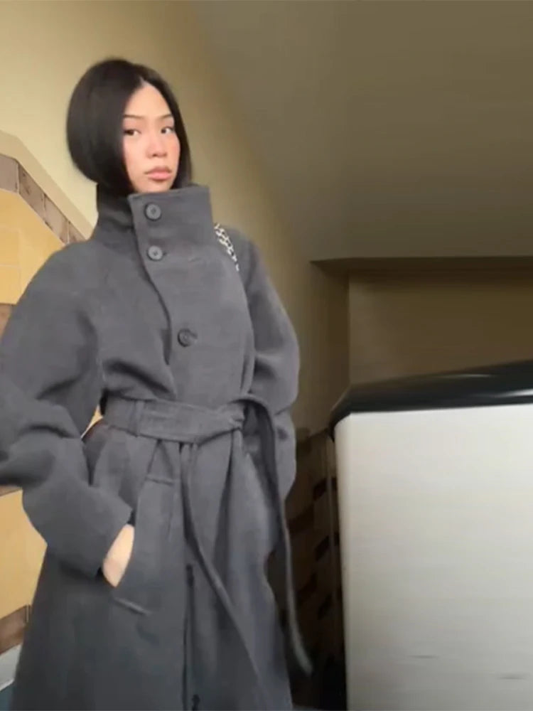 Manteau Long en Laine Mélangée Col Montant avec Laçage - Raffinement Quotidien