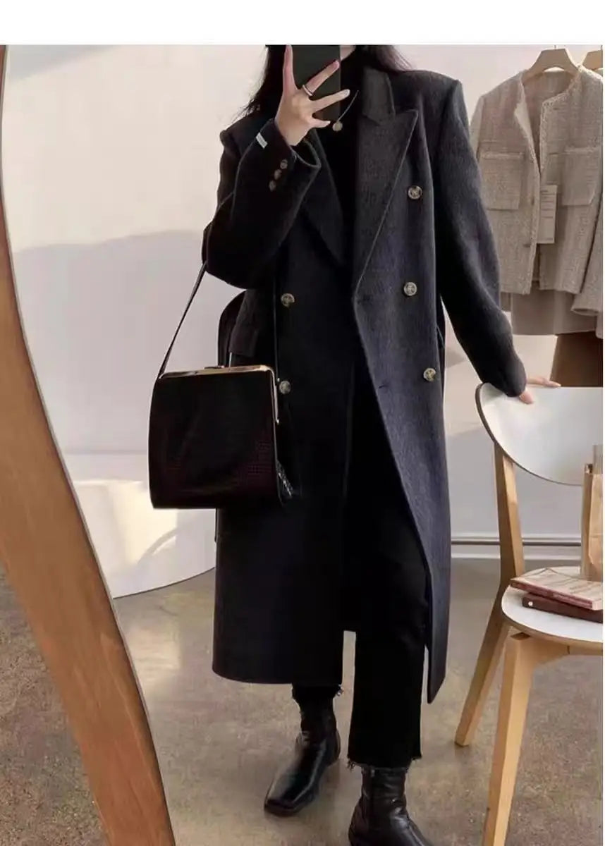 Manteau Long en Laine Double-Face – Col Tailleur Élégant pour Femme