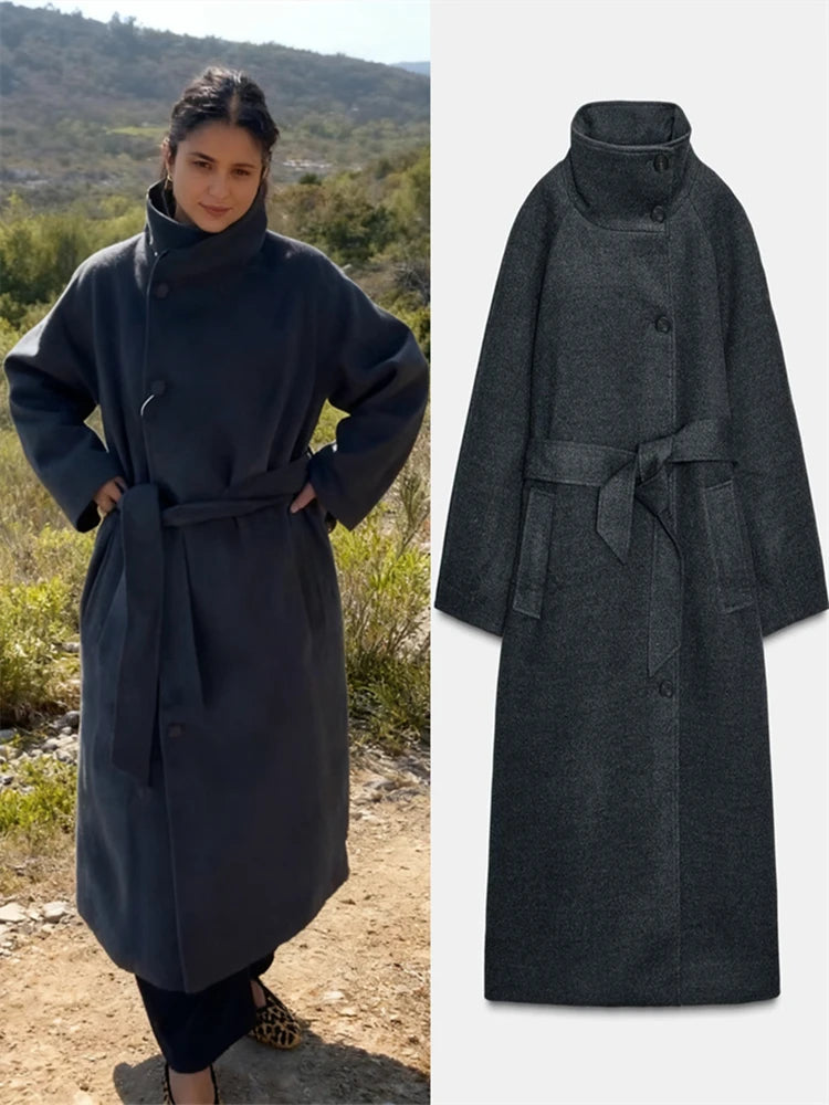 Manteau Long Laine Col Haut Ceinture