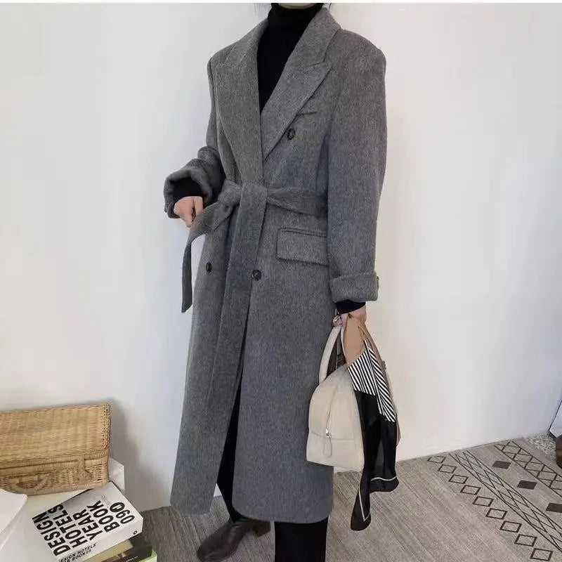 Manteau Long en Laine Double-Face – Col Tailleur Élégant pour Femme
