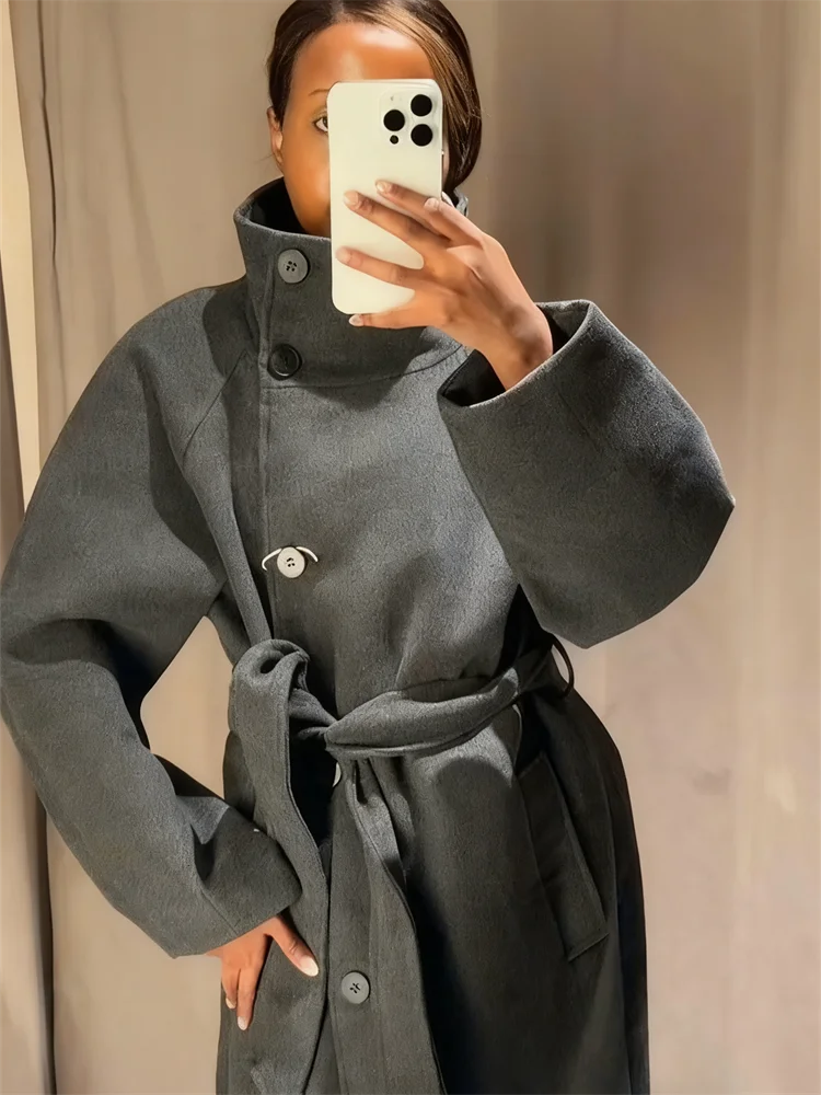 Manteau Long Laine Col Haut Ceinture