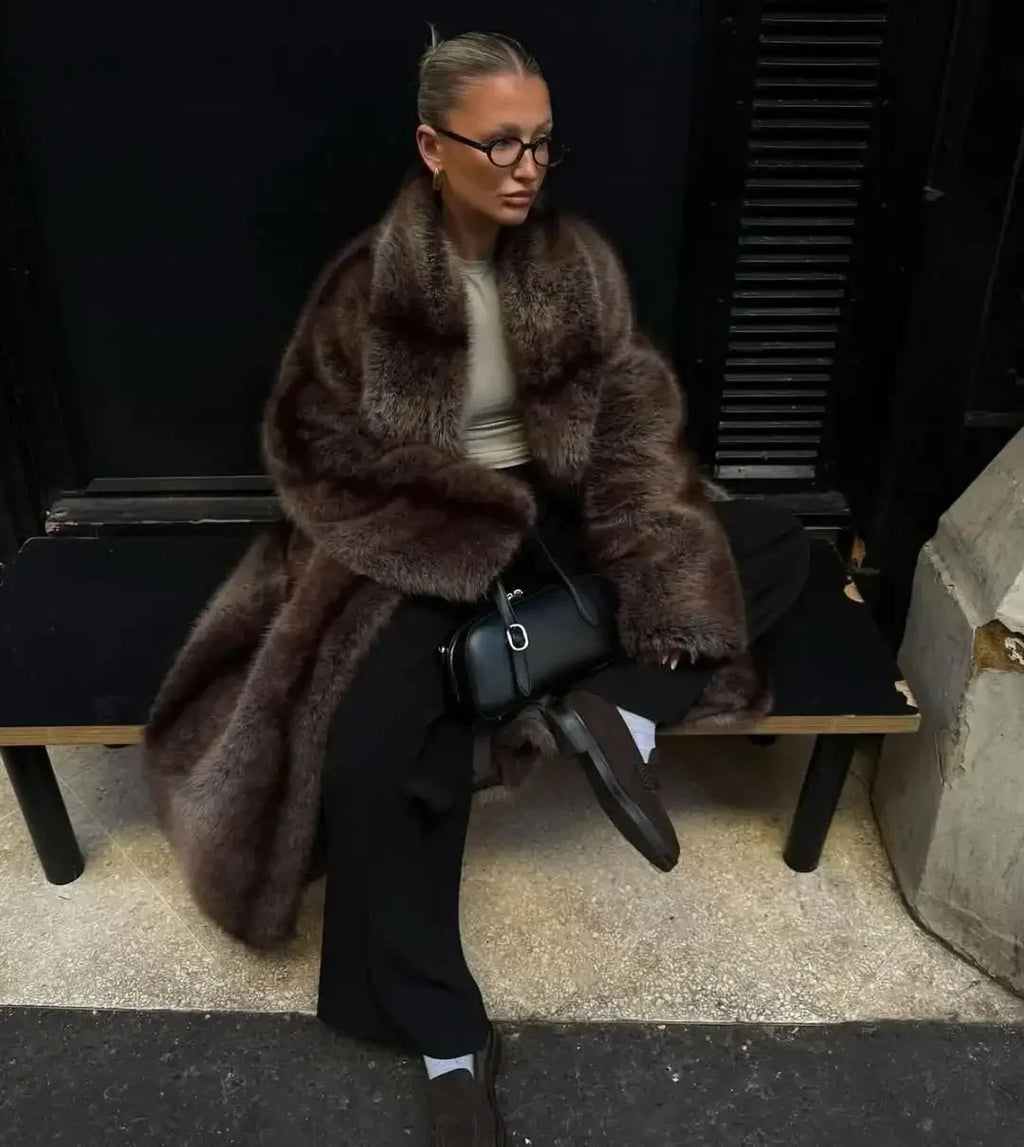 Manteau Long en Fausse Fourrure Brun Chic – Élégance Haut de Gamme & Chaleur Luxe