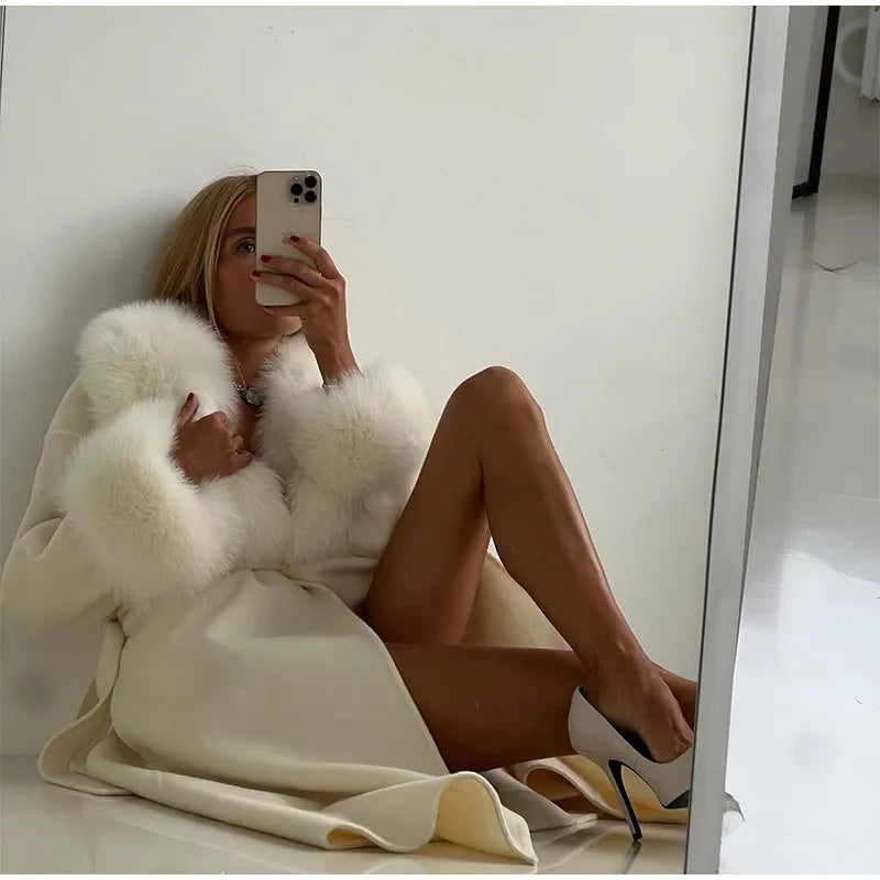 Manteau Long en Laine Patchwork Fourrure - Élégance Hivernale