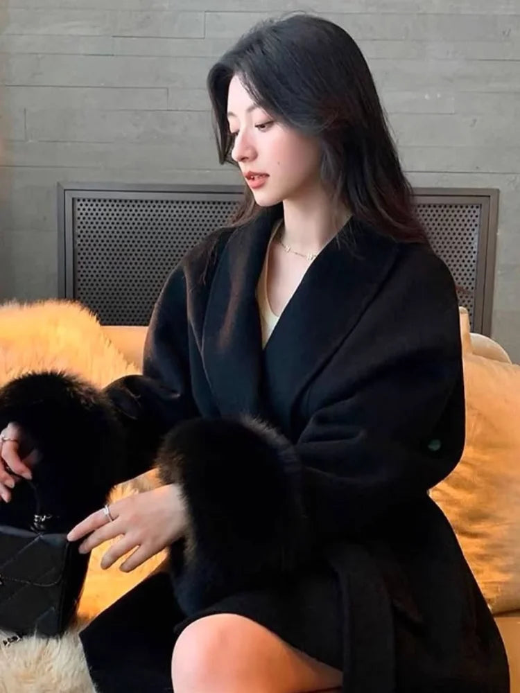 Manteau Long en Laine Patchwork Fourrure - Élégance Hivernale