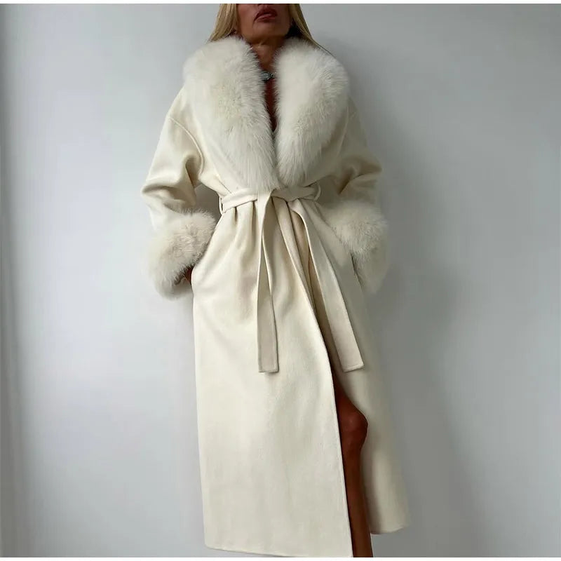 Manteau Long en Laine Patchwork Fourrure - Élégance Hivernale