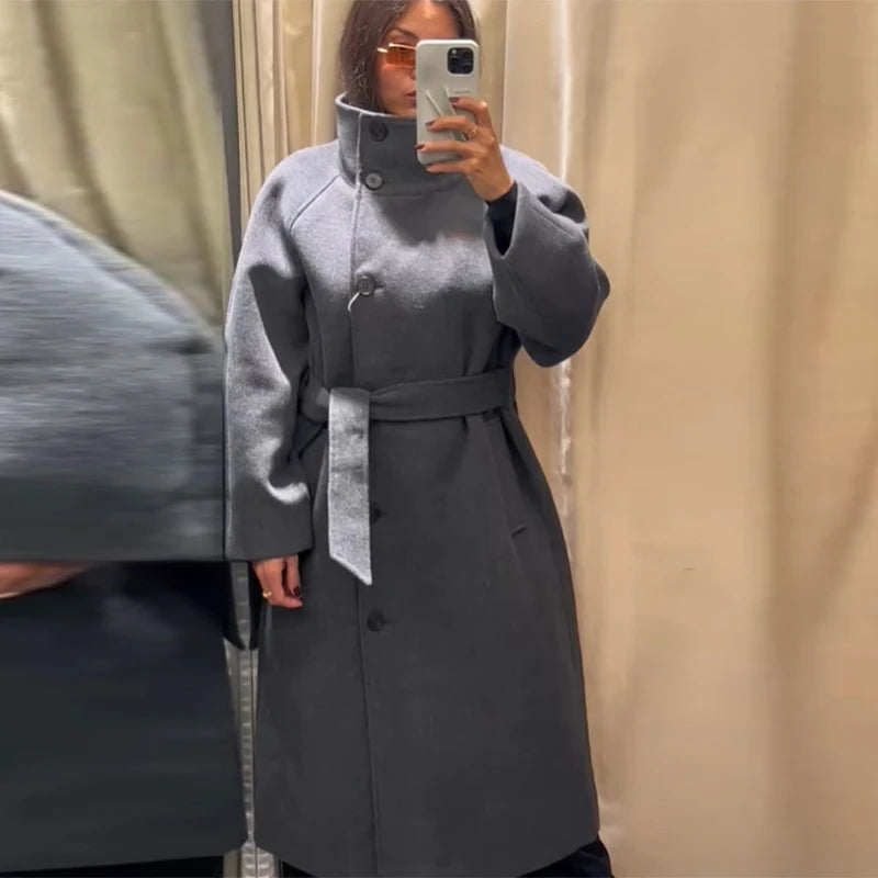 Manteau Long en Laine Mélangée Col Montant avec Laçage - Raffinement Quotidien