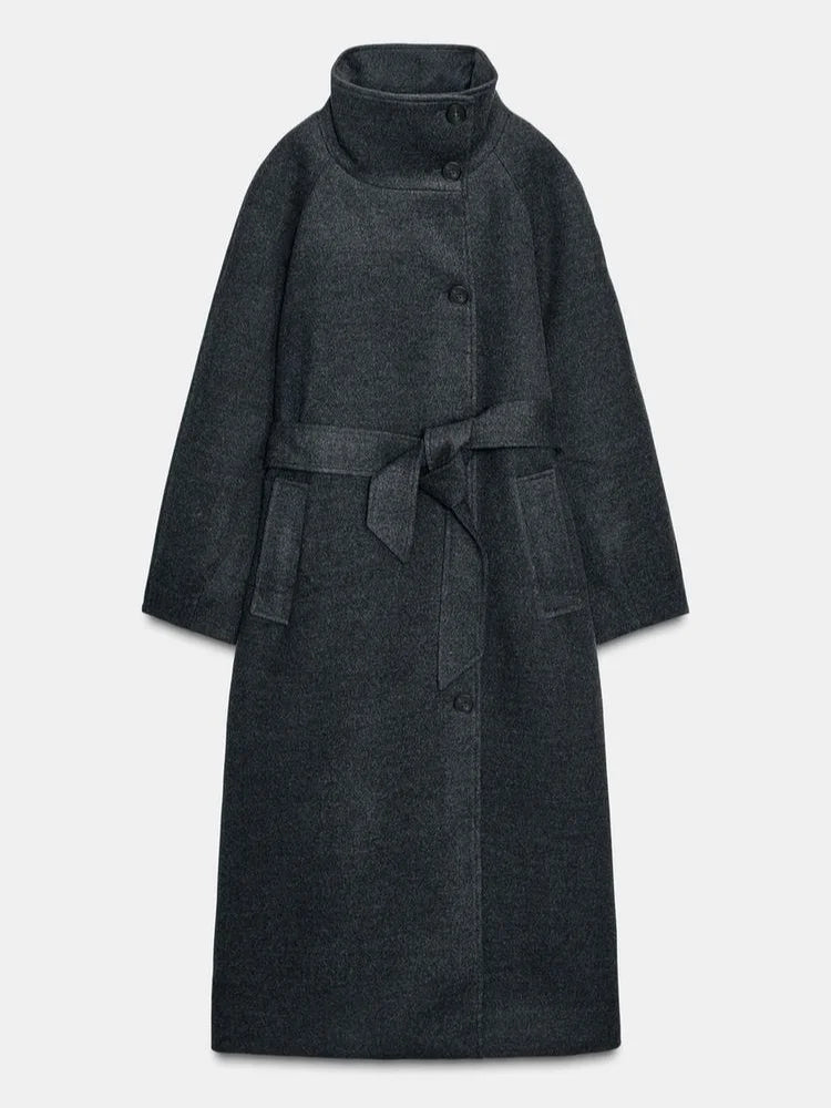 Manteau Long Laine Col Haut Ceinture