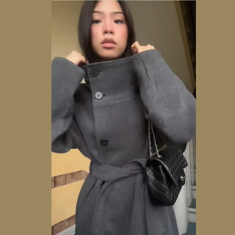 Manteau Long en Laine Mélangée Col Montant avec Laçage - Raffinement Quotidien