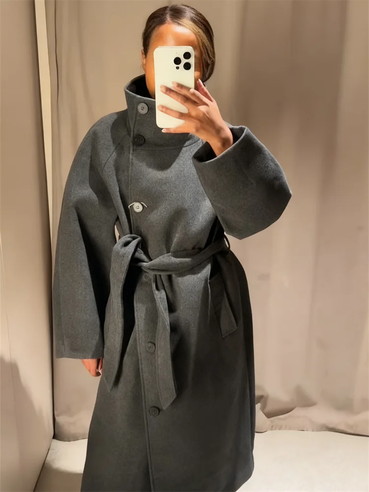Manteau Long Laine Col Haut Ceinture