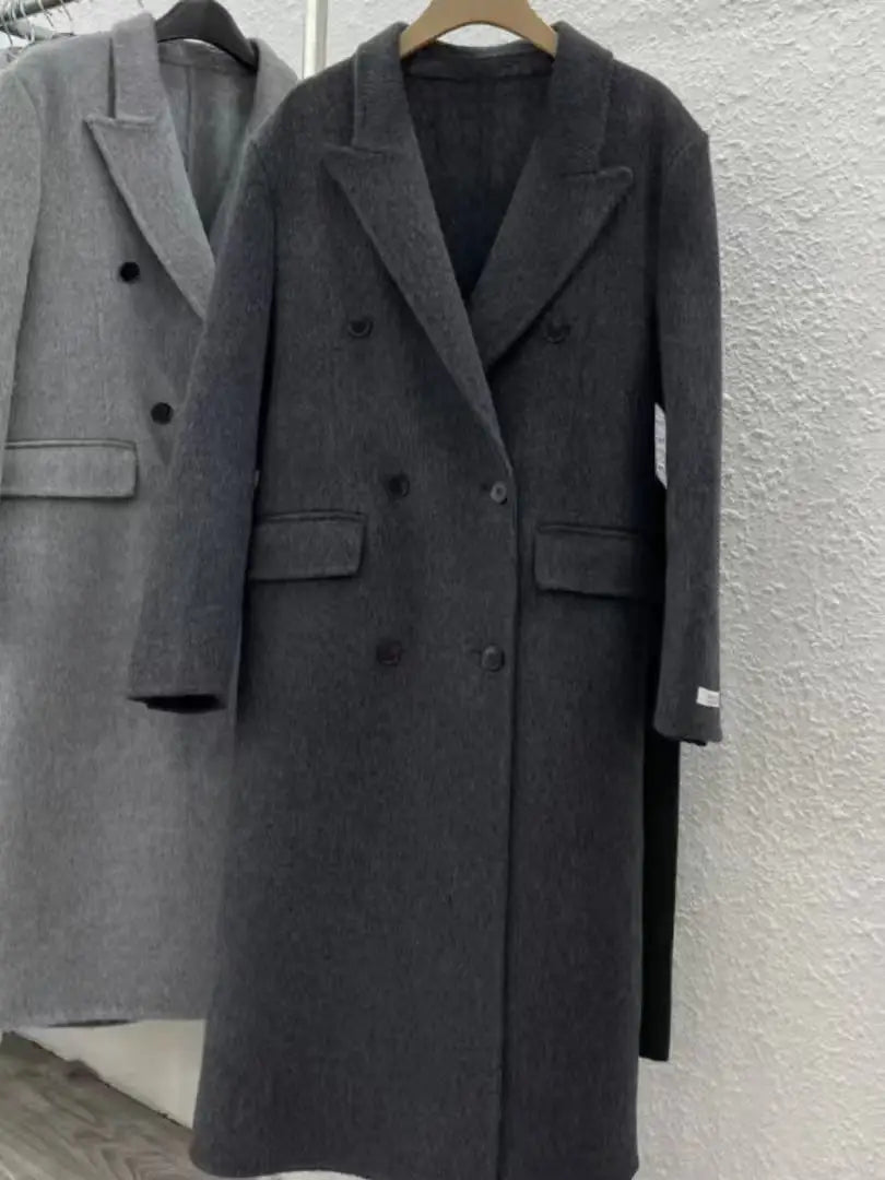 Manteau Long en Laine Double-Face – Col Tailleur Élégant pour Femme
