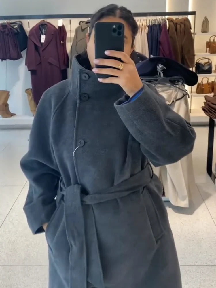 Manteau Long Laine Col Haut Ceinture