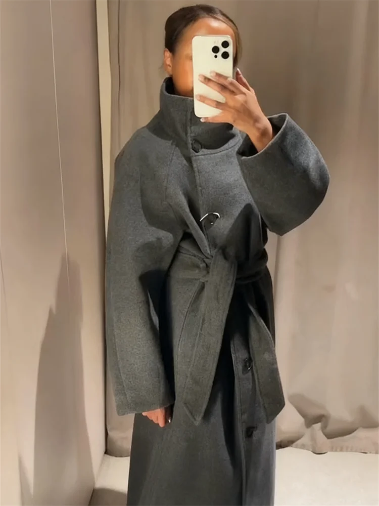 Manteau Long Laine Col Haut Ceinture