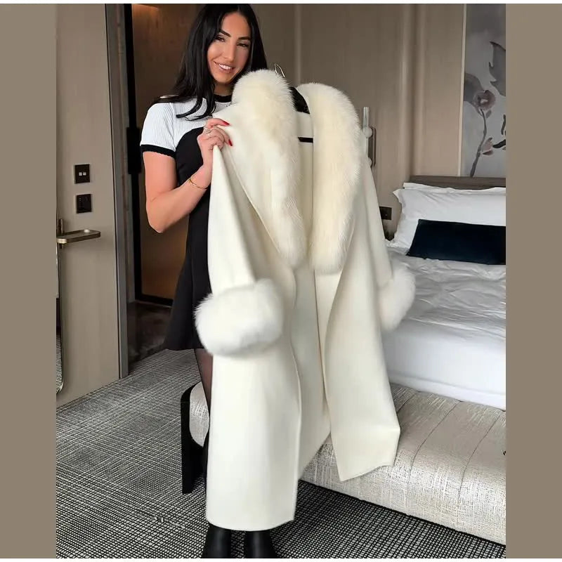 Manteau Long en Laine Patchwork Fourrure - Élégance Hivernale