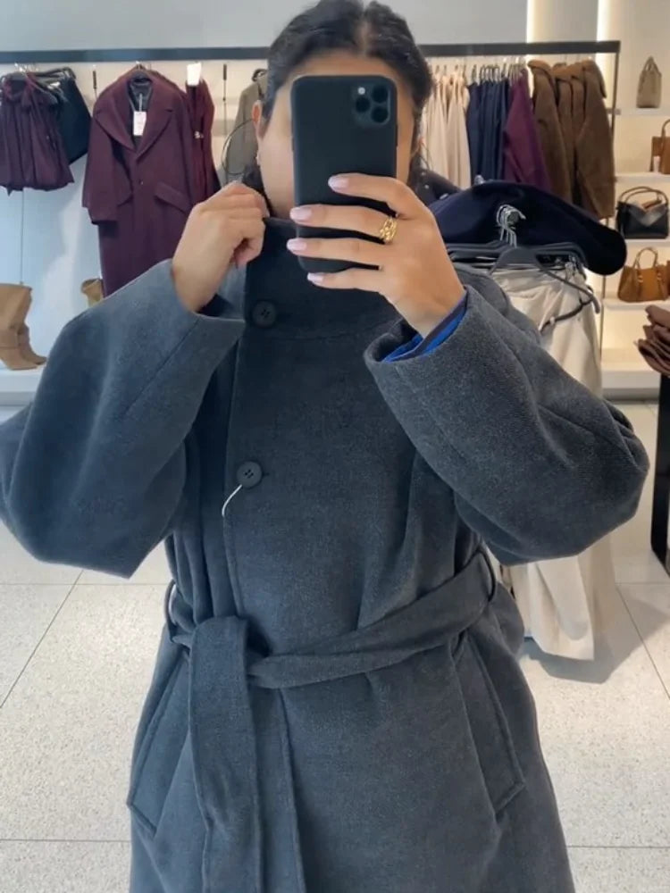Manteau Long Laine Col Haut Ceinture
