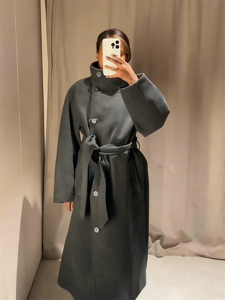 Manteau Long Laine Col Haut Ceinture