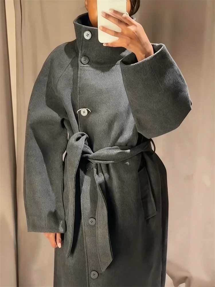 Manteau Long Laine Col Haut Ceinture