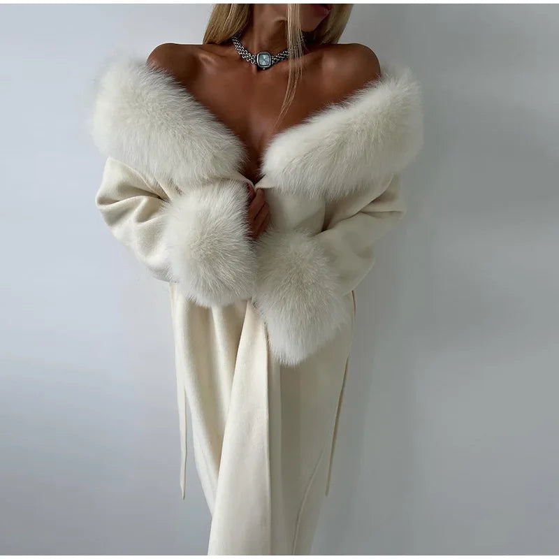 Manteau Long en Laine Patchwork Fourrure - Élégance Hivernale