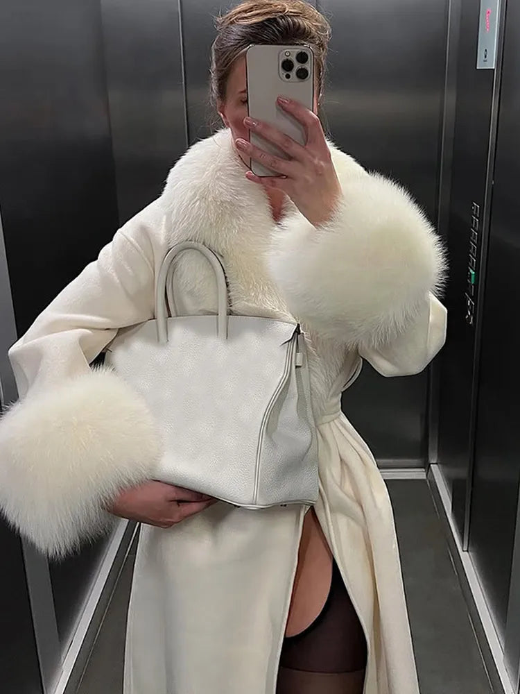 Manteau Long en Laine Patchwork Fourrure - Élégance Hivernale