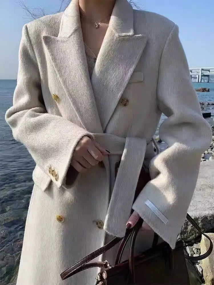 Manteau Long en Laine Double-Face – Col Tailleur Élégant pour Femme