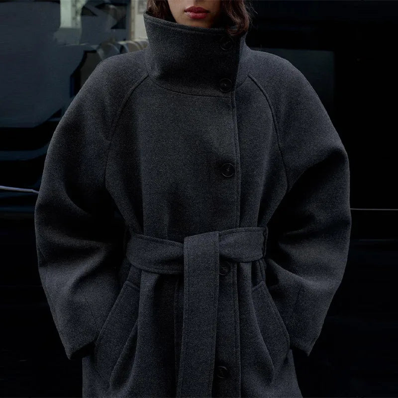 Manteau Long en Laine Mélangée Col Montant avec Laçage - Raffinement Quotidien
