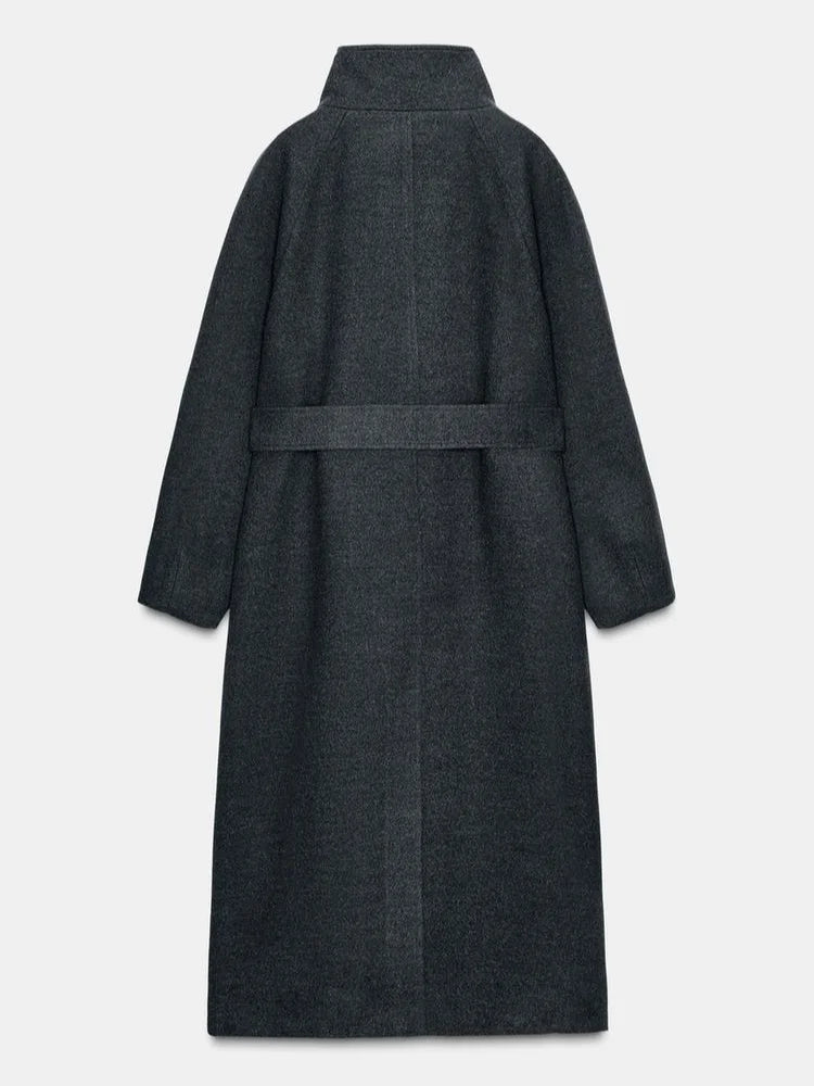 Manteau Long Laine Col Haut Ceinture