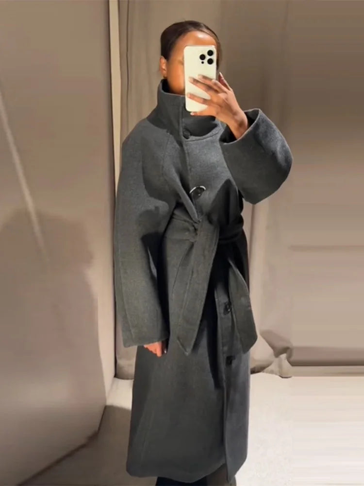 Manteau Long en Laine Mélangée Col Montant avec Laçage - Raffinement Quotidien