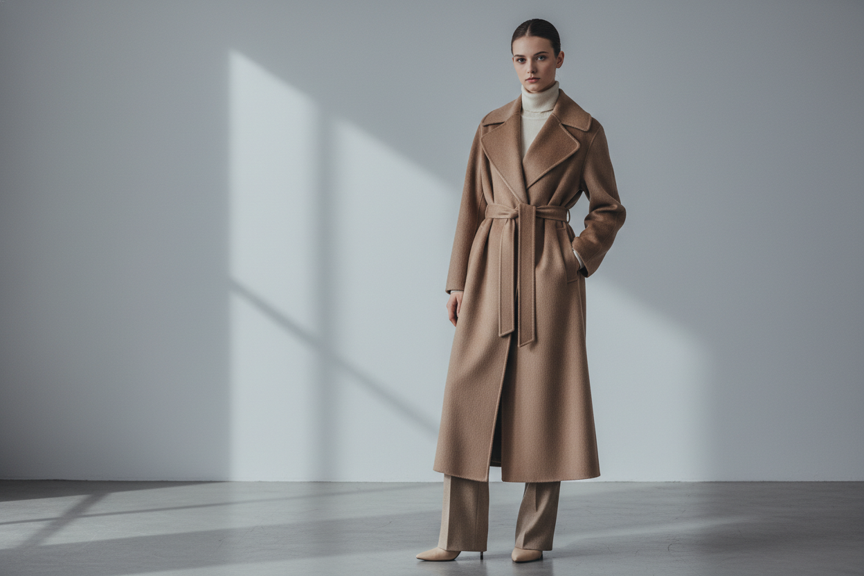 elegant luxury winter coat on model, fashion photography, brown beige coat, premium style, minimalist background